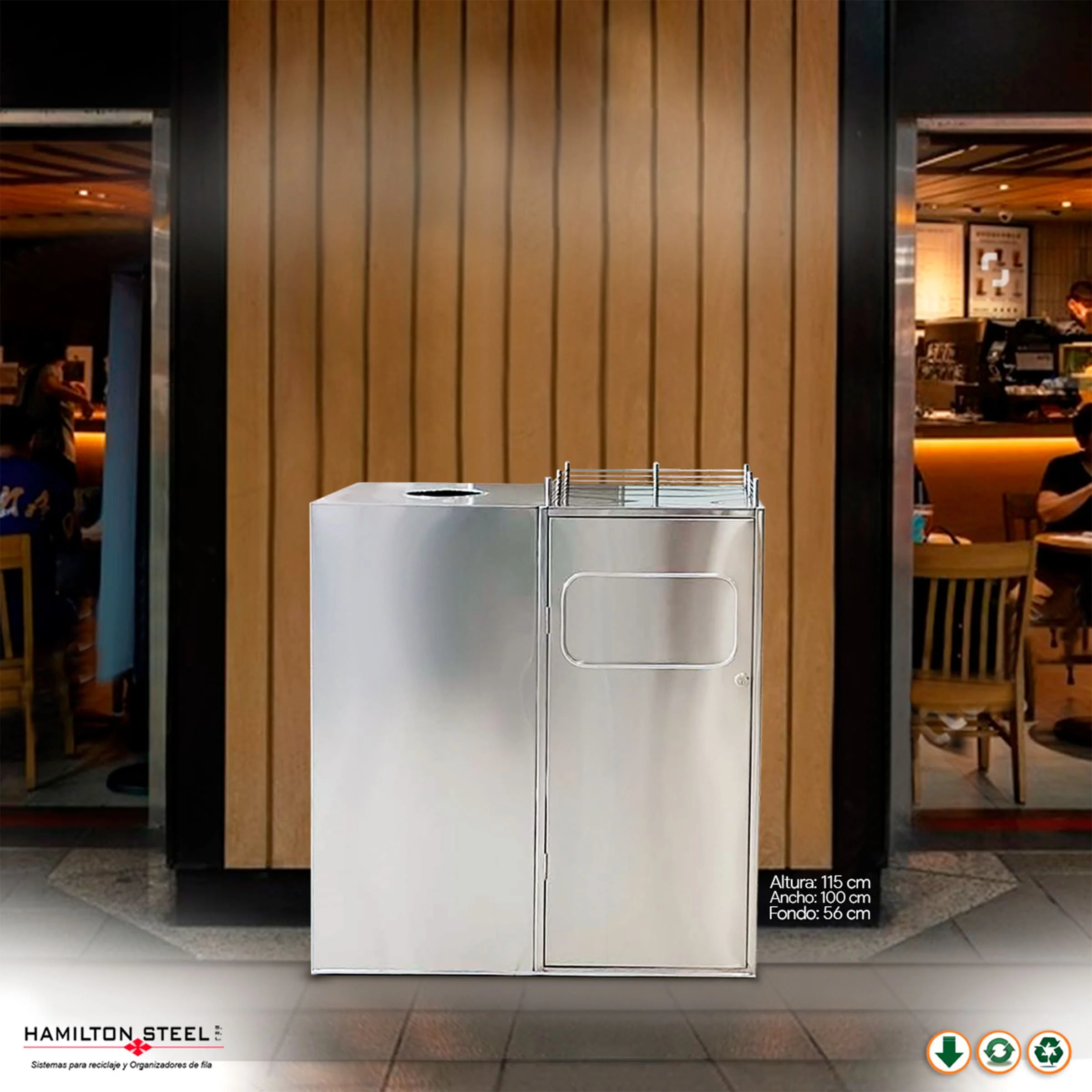 Tacho de acero inoxidable con doble compartimiento para reciclaje, cafeterías o retobares – Hamilton Steel SRL