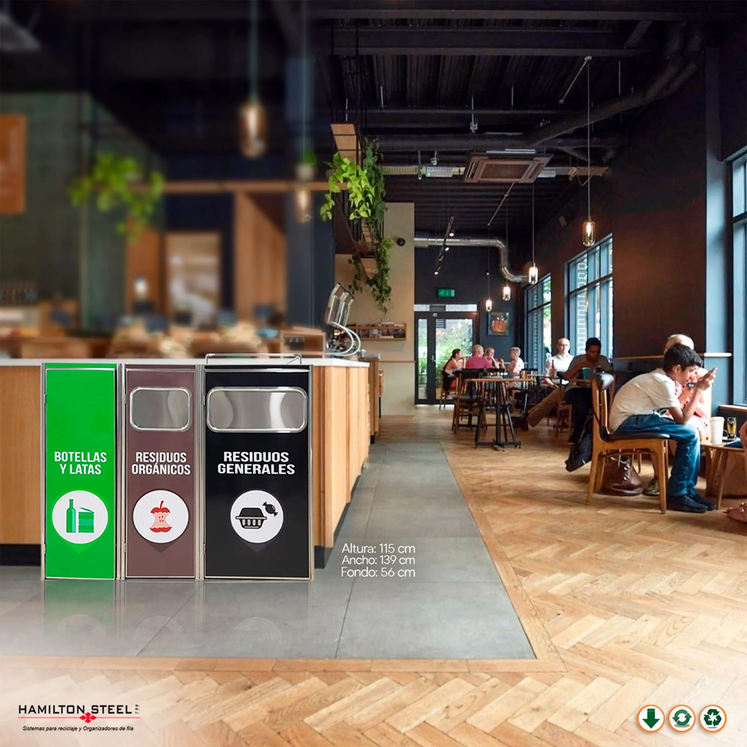 Tacho de acero inoxidable con compartimiento triple para reciclaje, instalado en retobar o cafeterías – Hamilton Steel SRL.
