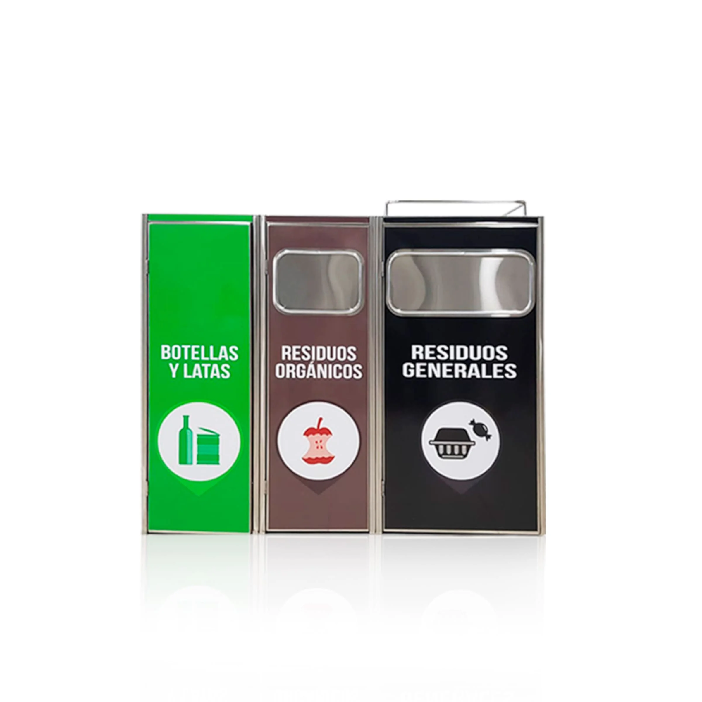 Tacho de acero inoxidable con compartimiento triple para reciclaje, ideal para patios de comida, cafeterías o retobares – Hamilton Steel SRL.
