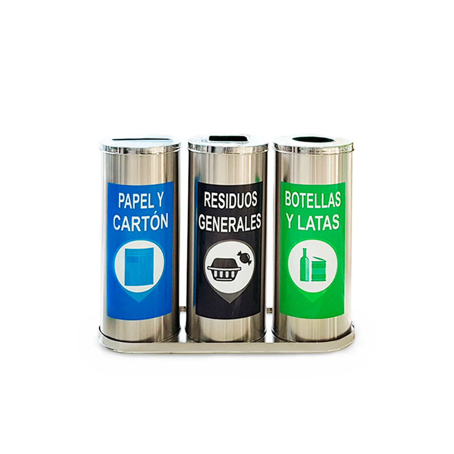 Tachos punto ecológico de acero inoxidable con tres compartimentos para residuos generales, papel y cartón, y botellas y latas. Con base incluida.