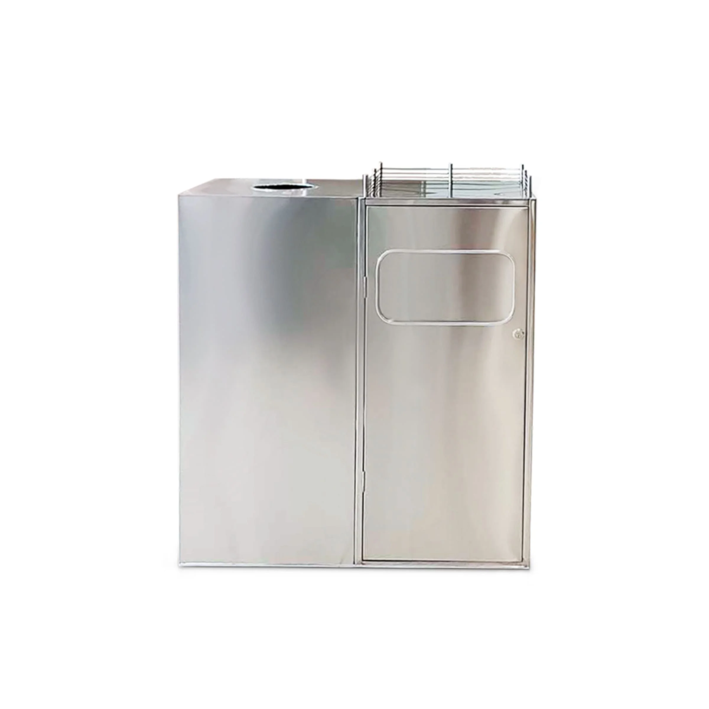 Tacho de acero inoxidable con doble compartimiento para reciclaje, ideal para patios de comida – Hamilton Steel SRL