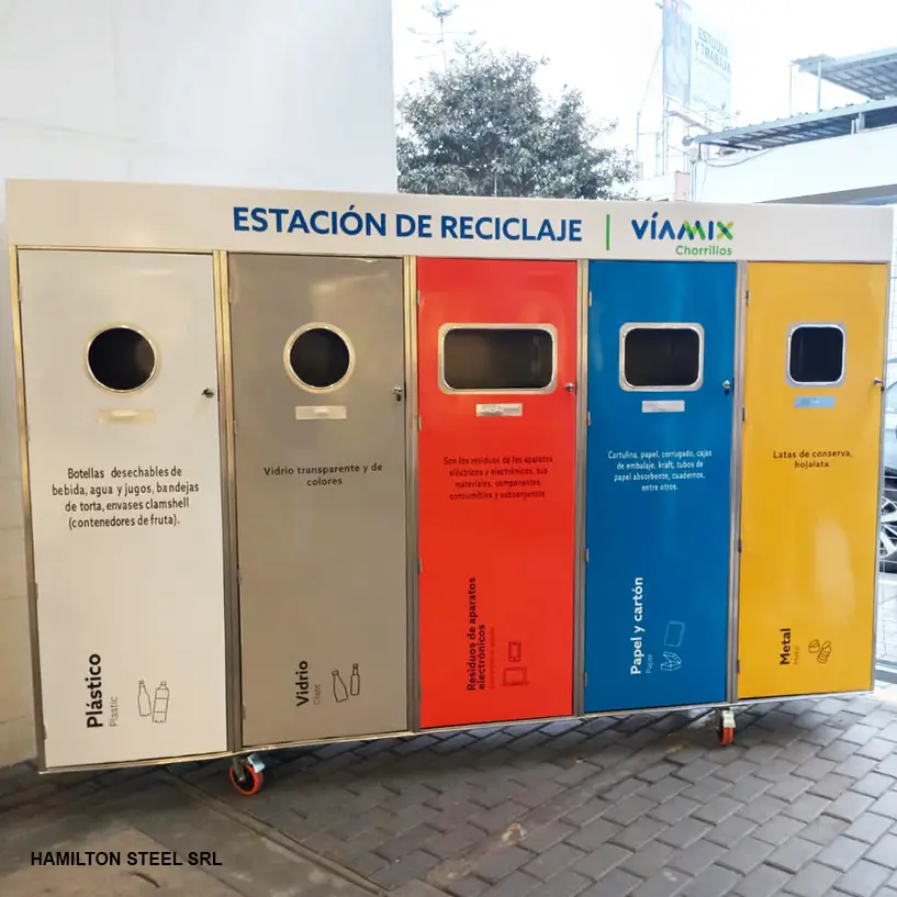 Estacion-Reciclaje-Basura-5-Puertas-Acero-Inox-Centro-Comercial-Hamilton-Steel-Srl
