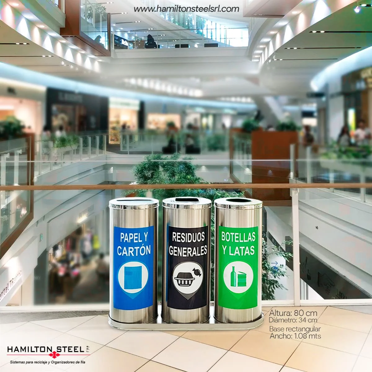 Tachos circulares de acero inoxidable de Hamilton Steel SRL. Puntos ecologicos para centros comerciales y Malls