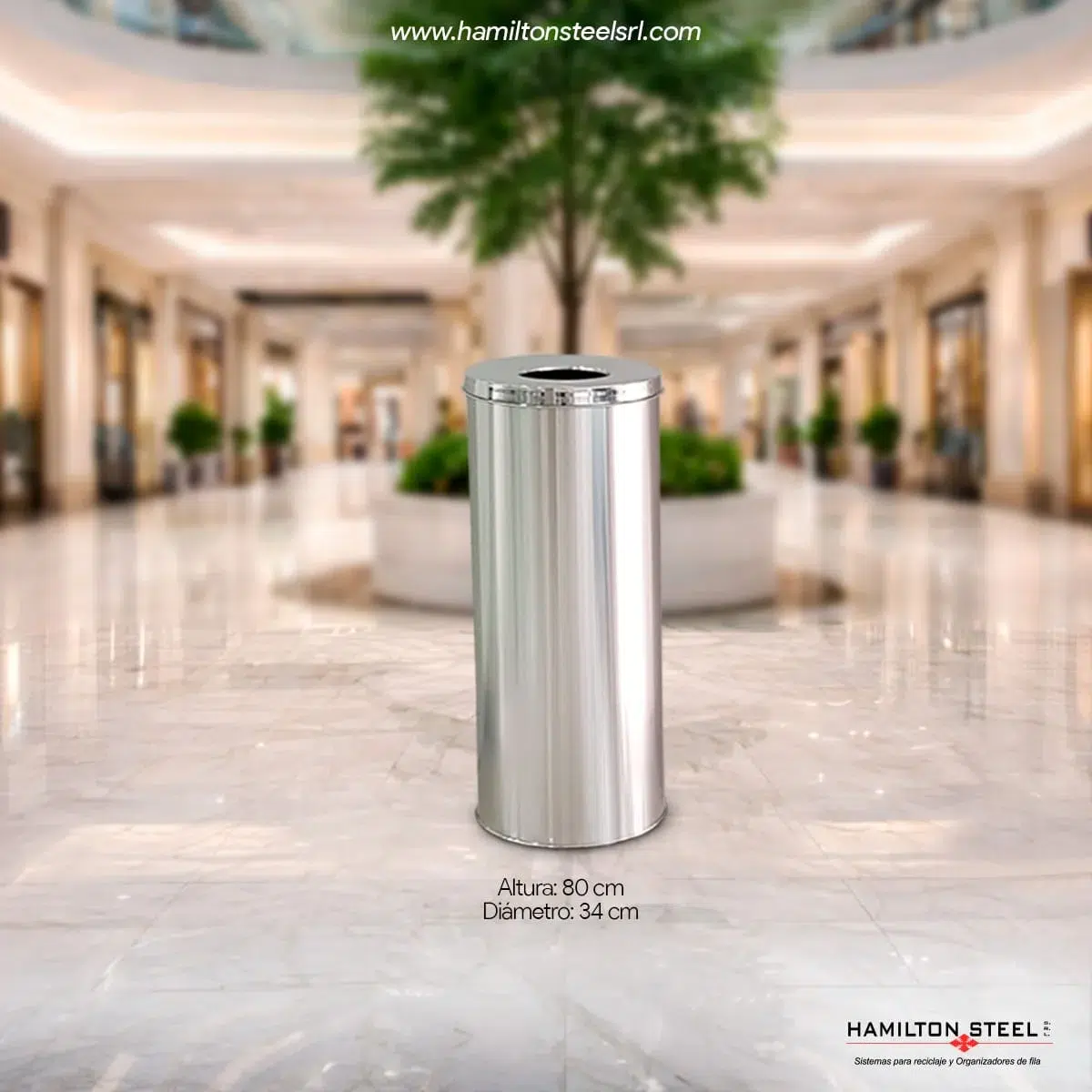 Tachos circulares de acero inoxidable 80x34 cm Hamilton Steel SRL para interiores de centros comerciales y Malls