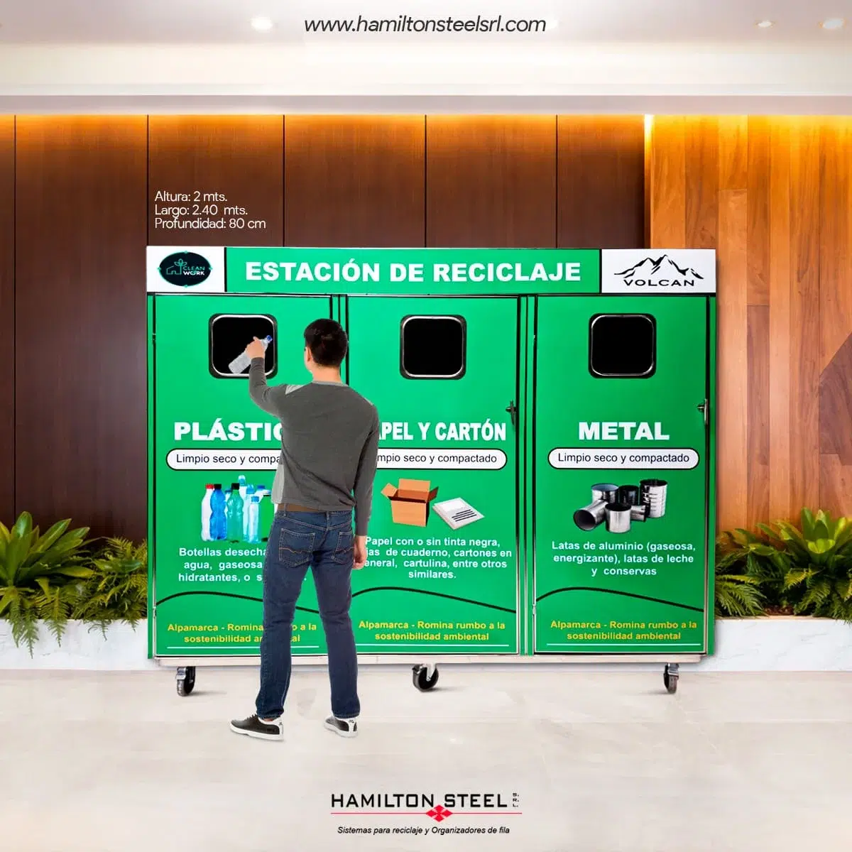 Estaciones de reciclaje de acero inoxidable de 3 compartimientos.
